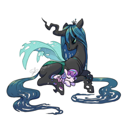 Size: 1650x1542 | Tagged: safe, artist:overlordneon, princess flurry heart, queen chrysalis, alicorn, changeling, changeling queen, pony, g4, auntie chrissy, cute, cutealis, duo, duo female, eyes closed, female, filly, flurrybetes, foal, horn, mommy chrissy, mother's day, signature, simple background, sleeping, white background, wings