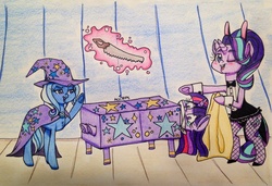 Size: 2375x1629 | Tagged: safe, artist:ameliacostanza, starlight glimmer, trixie, twilight sparkle, alicorn, pony, g4, bipedal, box, box sawing trick, bunny suit, cloth gag, clothes, counterparts, crosscut saw, female, fishnet stockings, gag, magic show, magic trick, magical trio, mare, playboy bunny, saw, ship:startrix, shipping, standing on two hooves, teary eyes, traditional art, twilight sparkle (alicorn), twilight's counterparts, underhoof