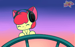 Size: 790x500 | Tagged: safe, artist:arielsbx, apple bloom, earth pony, pony, g4, adorabloom, animated, balancing, bouncing, bow, cute, eyes closed, female, filly, hair bow, hamtaro, headphones, sitting, smiling, solo, vibing