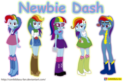 Size: 3750x2486 | Tagged: safe, artist:conikiblasu-fan, rainbow dash, equestria girls, g4, newbie dash, behaving like pinkie pie, book, boots, care mare, clothes, clothes swap, cowboy boots, denim skirt, dynamic dash, equestria girls interpretation, forthright filly, glasses, goggles, high res, impersonating, manebow sparkle, open mouth, pleated skirt, rainbow fash, reading rainboom, scene interpretation, shoes, skirt, smiling, socks, tank top, wonderbolts uniform
