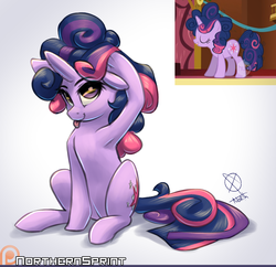 Size: 1280x1237 | Tagged: safe, artist:northernsprint, edit, edited screencap, screencap, twilight sparkle, pony, friendship is magic, g4, alternate hairstyle, armpits, female, gradient background, looking at you, messy mane, mlp rewind art challenge, patreon, patreon logo, sitting, solo, tongue out, twilight poofle, underhoof