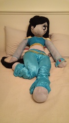 Size: 2988x5312 | Tagged: safe, artist:bigsexyplush, artist:somethingaboutoctavia, octavia melody, saddle arabian, anthro, g4, anthro plushie, bed, bedroom eyes, belly, belly button, belly dancer, clothes, costume, crossover, cute, disney, doll, female, high res, irl, midriff, outfit, photo, plushie, princess jasmine, solo, tavibetes, thunder thighs, toy, wide hips