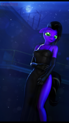 Size: 1080x1920 | Tagged: safe, artist:alcohors, oc, oc only, oc:nina purplelicious, anthro, 3d, clothes, dress, evening gloves, female, gloves, night, solo, source filmmaker