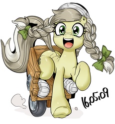 Size: 1000x1081 | Tagged: safe, artist:nekubi, jinx, earth pony, pony, g4, amputee, background pony, bandage, braid, cute, disabled, female, jinxabetes, katawa jinx, looking at you, open mouth, pigtails, running, sitting, smiling, solo, twintails, wheelchair