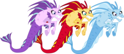 Size: 2064x903 | Tagged: safe, artist:punzil504, starlight glimmer, sunset shimmer, trixie, siren, equestria girls, g4, my little pony equestria girls: rainbow rocks, alternate universe, counterparts, magical trio, not fiery shimmer, simple background, sirenified, species swap, sunset siren, transparent background, twilight's counterparts