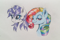 Size: 1032x692 | Tagged: safe, artist:buttersprinkle, rainbow dash, rarity, g4, alternate hairstyle, mane swap, traditional art