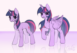 Size: 1300x900 | Tagged: safe, artist:fenwaru, twilight sparkle, alicorn, pony, unicorn, g4, comparison, female, mare, solo, twilight sparkle (alicorn), unicorn twilight