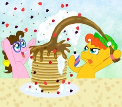Size: 952x839 | Tagged: safe, artist:crazynutbob, oc, oc only, oc:fudge fondue, oc:pizza pockets, pony, blackberries, breakfast, chocolate chips, food, mother's day, next generation, offspring, pancakes, parent:cheese sandwich, parent:pinkie pie, parents:cheesepie, raspberry (food), strawberry, syrup, toss, twins, whipped cream