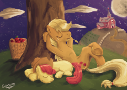 Size: 1754x1240 | Tagged: safe, artist:gaiascope, apple bloom, applejack, g4, anatomically incorrect, crossed legs, duo, female, incorrect leg anatomy, night, sisters, sleeping, under the tree