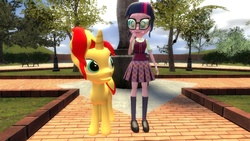 Size: 1360x768 | Tagged: safe, artist:mk513, sci-twi, sunset shimmer, twilight sparkle, pony, unicorn, equestria girls, g4, 3d, blushing, female, gmod, interspecies, lesbian, ship:sci-twishimmer, ship:sunsetsparkle, shipping