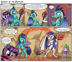 Size: 1940x1670 | Tagged: safe, artist:sirzi, princess ember, rarity, spike, twilight sparkle, dragon, pegasus, pony, gauntlet of fire, and then there's rarity, bloodstone scepter, comic, dragon lord ember, dragon lord rarity, dragon to pony, dragoness, dragonified, female, grammar error, heart eyes, hoof hold, male, mare, ponified, ponified ember, raridragon, shipping, sitting on tail, sparity, species swap, straight, twilight sparkle (alicorn), wingding eyes