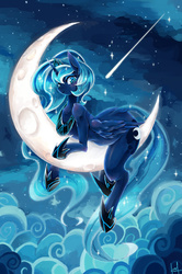 Size: 900x1354 | Tagged: safe, artist:kolshica, princess luna, alicorn, pony, g4, cloud, crescent moon, female, looking at you, mare, moon, shooting star, smiling, solo, starry night, straddling, tangible heavenly object, transparent moon