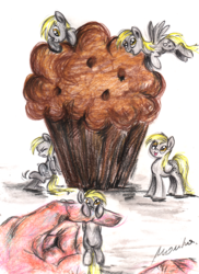 Size: 602x829 | Tagged: safe, artist:buttersprinkle, derpy hooves, human, pegasus, pony, g4, clone, cute, derpabetes, derpies, food, giant muffin, hand, in goliath's palm, micro, muffin, multeity, tiny, tiny ponies, traditional art, unstoppable force of derp