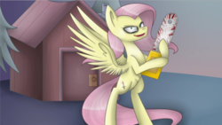 Size: 799x450 | Tagged: safe, artist:despotshy, fluttershy, .mov, shed.mov, g4, blood, chainsaw, female, fluttershed, solo