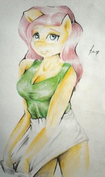 Size: 1515x2560 | Tagged: safe, artist:nolyanimeid, fluttershy, anthro, g4, clothes, female, skirt, skirt pull, solo, tank top, traditional art