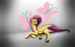 Size: 4000x2500 | Tagged: safe, artist:skitsroom, fluttershy, butterfly, g4, :o, female, high res, insect on nose, looking at something, prone, solo, unshorn fetlocks