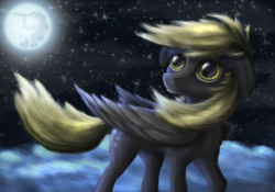 Size: 3361x2352 | Tagged: safe, artist:vladimir-olegovych, derpy hooves, pegasus, pony, g4, cloud, female, high res, mare, mare in the moon, moon, night, solo, stars, windswept mane