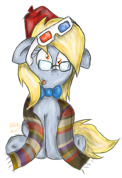 Size: 687x1000 | Tagged: safe, artist:kristysk, derpy hooves, pegasus, pony, g4, 3d glasses, clothes, doctor who, female, fez, fourth doctor's scarf, glasses, hat, mare, scarf, solo, striped scarf, tongue out
