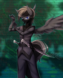 Size: 2600x3200 | Tagged: safe, artist:scynexx, oc, oc only, oc:shadow, pegasus, anthro, assassin, blue eyes, clothes, gloves, high res, mask, ninja, simple background, sword, weapon
