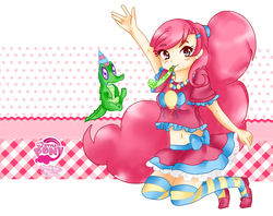 Size: 1353x1069 | Tagged: safe, artist:haruliina, gummy, pinkie pie, human, g4, belly button, clothes, humanized, midriff, ponytail, short shirt, skirt, socks, striped socks, thigh highs, zettai ryouiki