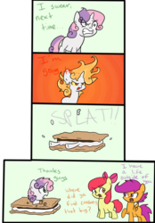 Size: 1800x2585 | Tagged: safe, artist:annehairball, apple bloom, scootaloo, sweetie belle, earth pony, pegasus, pony, rapidash, unicorn, g4, comic, cutie mark crusaders, flattened, food, horn, mane of fire, marshmallow, pokémon, rage, s'mores, sweetie belle is a marshmallow too