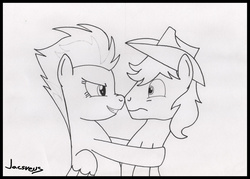 Size: 1056x757 | Tagged: safe, artist:jacsveus, braeburn, spitfire, g4, boop, female, hat, male, monochrome, noseboop, one sided shipping, shipping, spitburn, straight