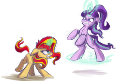 Size: 1280x853 | Tagged: safe, artist:heir-of-rick, starlight glimmer, sunset shimmer, pony, unicorn, g4, duo, fight, gritted teeth, magic, rearing, s5 starlight, sketch, sunset vs starlight