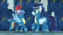 Size: 1280x720 | Tagged: safe, screencap, rainbow dash, soarin', pony, g4, newbie dash, active stretch, female, flexible, graceful, male, nose in the air, open mouth, rainbow fash, raised hoof, volumetric mouth, wonderbolts uniform