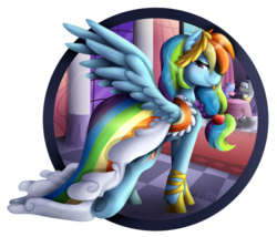Size: 2100x1800 | Tagged: safe, artist:monnarcha, caesar, count caesar, rainbow dash, royal ribbon, g4, bedroom eyes, canterlot, clothes, dress, gala dress, grand galloping gala, looking back, signature, simple background, solo focus, tongue out, transparent background, underhoof