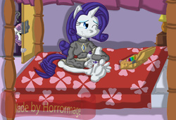 Size: 3504x2379 | Tagged: safe, artist:horrormage, rarity, sweetie belle, anthro, plantigrade anthro, g4, barefoot, bed, clothes, feet, high res, laughing, nail polish, one eye closed, soles, tickling, toes