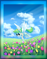 Size: 4882x6121 | Tagged: safe, artist:ratiasuq, oc, oc only, pegasus, pony, absurd resolution, cloud, colorful, flower, flower field, flower in hair, flower in tail, flying, sky, solo, spread wings, spring, wings