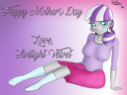 Size: 4000x3000 | Tagged: safe, artist:thealjavis, twilight velvet, equestria girls, g4, breasts, busty twilight velvet, clothes, equestria girls-ified, female, high res, looking at you, mother's day, signature, sitting, skirt, socks, solo