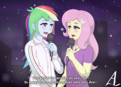 Size: 1115x799 | Tagged: safe, artist:acesrockz, fluttershy, rainbow dash, equestria girls, g4, breaking free, clothes, crossover, dialogue, disney, duet, female, high school musical, lesbian, lyrics, microphone, open mouth, scene interpretation, ship:flutterdash, shipping, singing