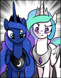 Size: 1071x1380 | Tagged: safe, artist:pencils, princess celestia, princess luna, alicorn, pony, comic:anon's pie adventure, g4, cropped, female, mare, royal sisters, smiling, varying degrees of want