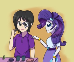 Size: 1024x862 | Tagged: safe, artist:sumin6301, rarity, oc, oc:sumin, equestria girls, g4, bracelet, clothes, equestria girls-ified, face paint, lipstick, makeup, skirt, table