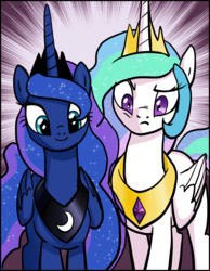 Size: 1071x1380 | Tagged: safe, artist:pencils, color edit, edit, princess celestia, princess luna, alicorn, pony, g4, colored, duo, female, looking at you, mare, royal sisters, varying degrees of want