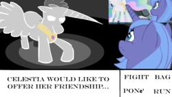 Size: 1884x1060 | Tagged: safe, artist:keychains, edit, edited screencap, screencap, princess celestia, princess luna, alicorn, pony, g4, female, mare, mlp rewind art challenge, s1 luna, text