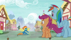 Size: 1920x1080 | Tagged: safe, screencap, rainbow dash, scootaloo, spitfire, pegasus, pony, g4, newbie dash, butt, female, filly, mare, plot, superhero landing