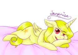 Size: 2526x1786 | Tagged: safe, artist:apple-crumbler, oc, oc only, alicorn, pony, alicorn oc, bed, female, horn, looking at you, mare, solo, wings