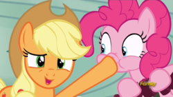 Size: 672x379 | Tagged: safe, screencap, applejack, pinkie pie, g4, newbie dash, boop, discovery family logo, hoofjack