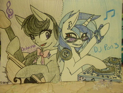 Size: 1024x768 | Tagged: safe, artist:darkclawtimelord, dj pon-3, octavia melody, vinyl scratch, g4, bracelet, cello, duo, ear piercing, earring, musical instrument, piercing, sketch, traditional art, turntable