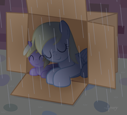Size: 2605x2366 | Tagged: safe, artist:lil-lovey, derpy hooves, dinky hooves, pegasus, pony, g4, box, cardboard box, cute, equestria's best mother, eyes closed, female, high res, lying down, mare, pony in a box, prone, rain, shelter, smiling