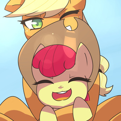 Size: 1000x1000 | Tagged: safe, artist:aquacola, apple bloom, applejack, g4, accessory swap, adorabloom, cute, open mouth, sisters