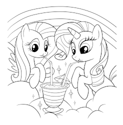 Size: 2954x2998 | Tagged: safe, fluttershy, rarity, pegasus, pony, unicorn, g4, official, cloud, cocktail umbrella, coloring page, cup, drinking, female, gif, high res, lesbian, lineart, mare, milkshake, monochrome, non-animated gif, rainbow, sharing a drink, ship:flarity, shipping, simple background, straw, white background