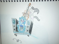 Size: 1024x768 | Tagged: safe, artist:electronikheart, dj pon-3, octavia melody, vinyl scratch, g4, slice of life (episode), bow (instrument), cello, cello bow, musical instrument, turntable, wubcart