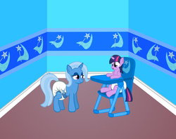 Size: 400x316 | Tagged: safe, artist:pidgopidgey, trixie, twilight sparkle, pony, unicorn, g4, age regression, chair, crinkle pony the copyright infringement update, diaper, diaper fetish, eyes on the prize, female, filly, filly twilight sparkle, highchair, mare, momma trixie, non-baby in diaper, poofy diaper, super crinkle pony adventure 64