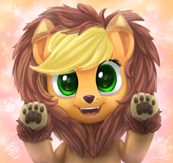 Size: 1300x1225 | Tagged: safe, artist:nebula210, applejack, earth pony, pony, g4, applelion, clothes, costume, cute, cute little fangs, fangs, female, jackabetes, looking at you, open mouth, paw pads, paws, smiling, solo, weapons-grade cute, whiskers