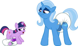 Size: 400x235 | Tagged: safe, artist:pidgopidgey, trixie, twilight sparkle, pony, unicorn, g4, age regression, bedroom eyes, crinkle pony the copyright infringement update, diaper, diaper fetish, diaper pulled down, eyes on the prize, female, filly, filly twilight sparkle, mare, momma trixie, non-baby in diaper, poofy diaper, super crinkle pony adventure 64