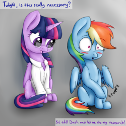 Size: 5000x5000 | Tagged: dead source, safe, artist:pucksterv, rainbow dash, twilight sparkle, alicorn, pony, g4, absurd resolution, blushing, chest fluff, clothes, duo, female, for science, glasses, lab coat, mare, pomf, sitting, text, twilight sparkle (alicorn), wingboner