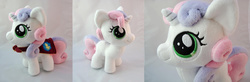 Size: 2281x752 | Tagged: safe, artist:planetplush, sweetie belle, g4, 4de, cape, clothes, cmc cape, irl, photo, plushie, prototype, solo